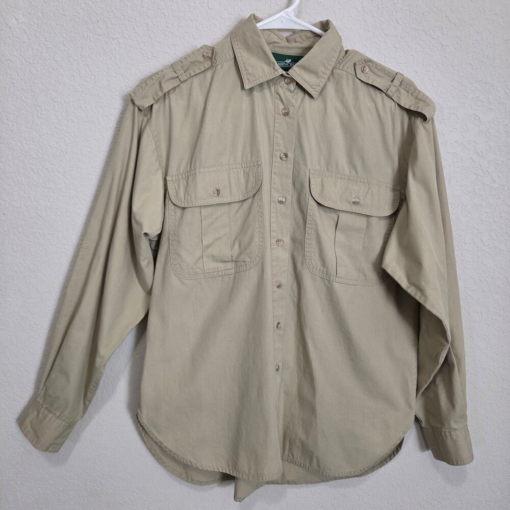 Cabin Creek Khaki Safari Shirt Womens 12 Utility Button Up Long Sleeve FLAW